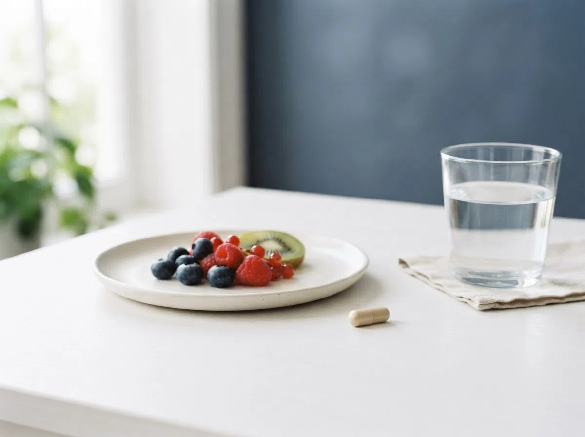 Aamiainen pöydällä ja lasi vettä vitamiinin kanssa